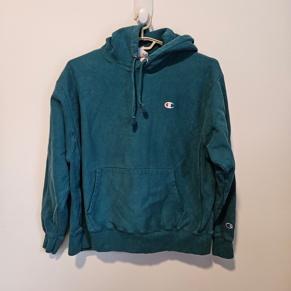 Vintage 90s Champion Reverse Weave Hoodie Logo XL Teal Green Pullover Sweatshirt